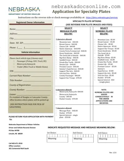 Fill in a Valid Nebraska Specialty Plates Form